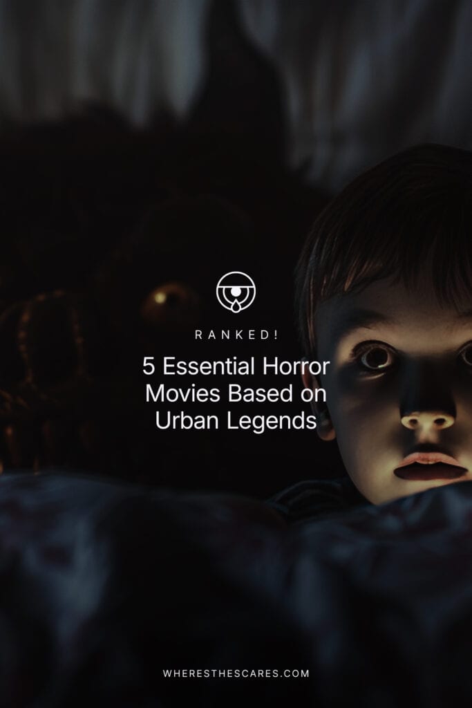 Feature image for “5 Essential Horror Movies Based on Urban Legends” showing a child in bed with a flashlight highlighting his face with a monster looming behind him.